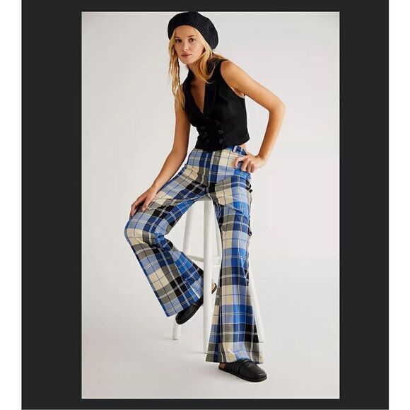 Free People Jules High Waist Plaid Flare Pants Blue/Black size 4 new - Picture 2 of 15